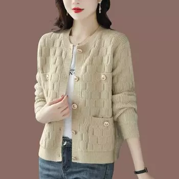 Короткий свитер, кардиган, пальто, шаль, женский 2023, новый свободный шерстяной вязаный кардиган, весенне-осенний однотонный женский свитер One Size чёрный