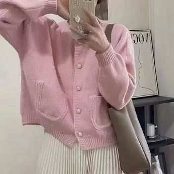 Короткий свитер куртка женская осень и зима корейский маленький ароматный ветер мягкий восковой сладкий однобортный круглый вырез вязаный кардиган прилив one size fits all розовый