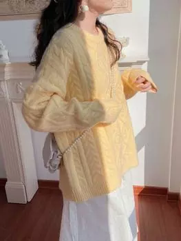 Короткий свитер с закруткой, мягкий вощеный свитер, женский, осень и зима, новый ленивый стиль, повседневный, свободный, вязаный свитер, толстый average size имбирный