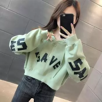 Короткий свитер со свободной талией, женское осеннее пальто с капюшоном, студенческий топ XL чёрный