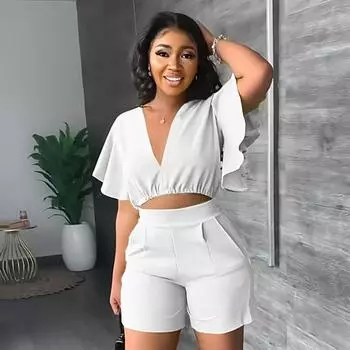 Короткий топ с v-образным вырезом в европейском и американском стиле, повседневные шорты, летний комплект из двух предметов XXL белый