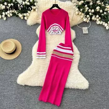 Короткий трикотажный топ с V-образным вырезом в цветных блоках, женский облегающий свитер с юбкой и высокой талией One size розы красного