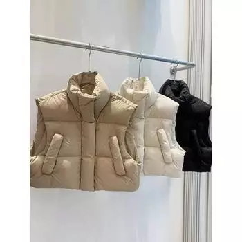 Короткий воротник-стойка пуховый хлопковый жилет осенне-зимний женский трендовый модный свободный универсальный жилет M 80-52.5 kg белый
