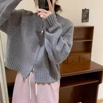 Короткий вязаный кардиган карамельного цвета с круглым вырезом на молнии для женщин, осень и зима, новый тонкий и универсальный свитер average size белый