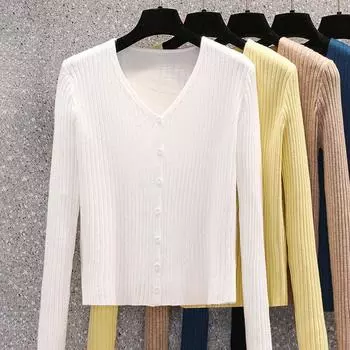 Короткий вязаный кардиган с V-образным вырезом для женщин на осень и зиму, модная внутренняя нижняя рубашка, новая однотонная корейская куртка-свитер L белый