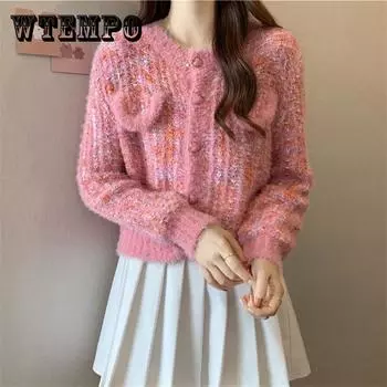 Короткий вязаный кардиган, женская осенняя контрастная кофта-свитер one size розовый