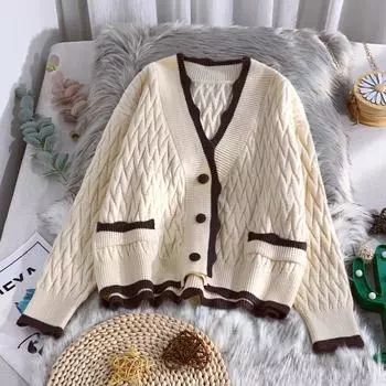 Короткий вязаный кардиган женский весна и осень корейский свободный длинный рукав с v-образным вырезом повседневный свежий свитер кардиган женское пальто One Size зелёный