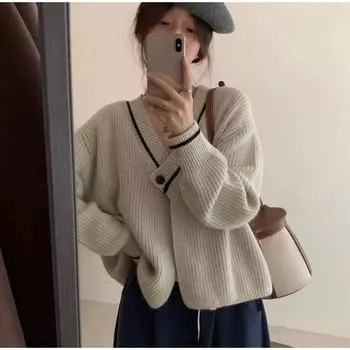 Короткий женский трикотажный свитер в полоску с V-образным вырезом, повседневный свободный свитер, осенний женский модный кардиган на одной пуговице onesize