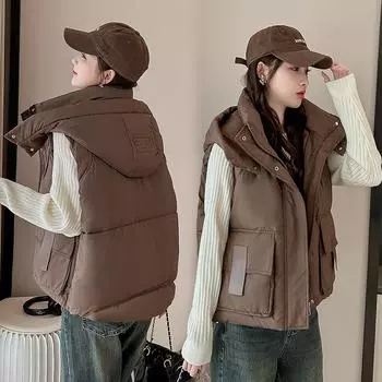 Короткий женский жилет с капюшоном из хлопка, зима 2024, новый свободный жилет Xiaoxiangfeng, модный внешний жилет M
