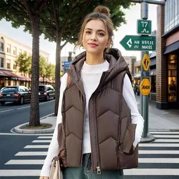 Короткий жилет с капюшоном, новая осенне-зимняя женская свободная куртка без рукавов из утолщенного хлопка с двойным карманом M чёрный