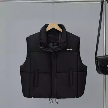 Короткий жилет женский осень и зима 2024 новая версия воротник стойка свободный универсальный жилет модная куртка без рукавов M чёрный