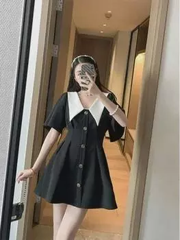 Короткое черное платье с воротником-стойкой 2024 года, весна/лето — большой размер, утягивающий талию дизайн M чёрный