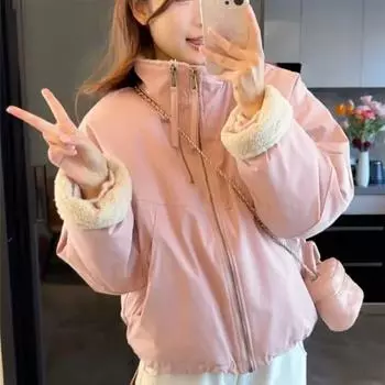 Короткое флисовое пальто с воротником-стойкой из утолщенной овечьей шерсти для женщин 2024 года, зимняя новинка, маленький верх с пирогом S розовый