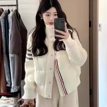 Короткое хлопковое пуховое пальто с воротником-стойкой, теплая трикотажная куртка для женщин M чёрный