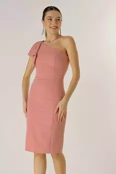 Короткое креповое платье на одно плечо с бантом