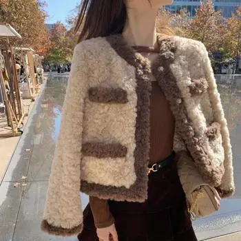 Короткое пальто из шерсти ягненка в корейском стиле для девочек, свободная посадка на весну S