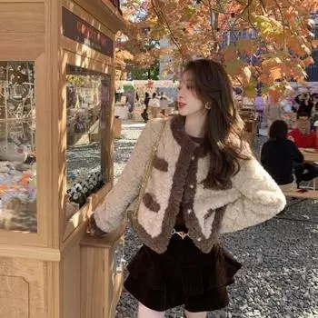 Короткое пальто из шерсти ягненка в корейском стиле для девочек, свободная посадка на весну S