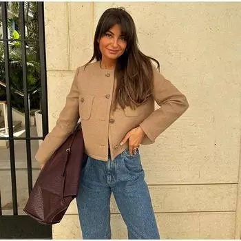 Короткое пальто с круглым вырезом для женщин, осенняя однотонная женская куртка с пуговицами и карманами, длинный рукав, овсяная, элегантная женская универсальная повседневная верхняя одежда S хаки
