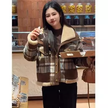 Короткое пальто с отворотом из овечьей шерсти в клетку контрастного цвета для женщин, зима 2024, новая корейская версия, ретро, утолщенный, небольшой ароматный топ S [recommended 80-50kg] хаки