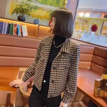 Короткое пальто женское 2024 осень и зима новый маленький универсальный тысяча птиц сетка маленький ароматный куртка иностранный повседневный топ S