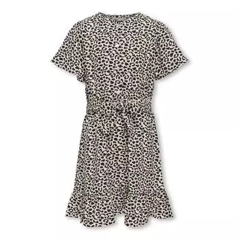 Короткое розово-желто-черное платье с леопардовым принтом для девочек.