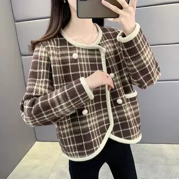 Короткое шерстяное пальто в клетку с небольшим ароматом в стиле ретро, женское весенне-осеннее пальто 2023, свободный кардиган с длинными рукавами и круглым вырезом, женский топ