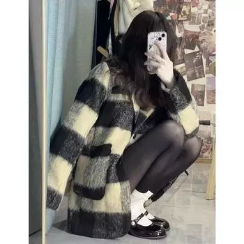 Короткое шерстяное пальто в клетку, женское новое шерстяное пальто на осень и зиму S чёрный