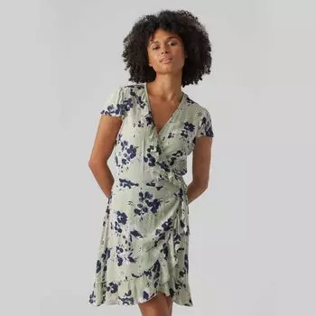 Короткое зеленое платье с запахом и оборками с цветочным принтом Женское VERO MODA