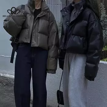 Короткое женское пальто с хлопковой подкладкой в европейском и американском стиле 2025 года, свободное облегающее утолщенное пальто из искусственной кожи L