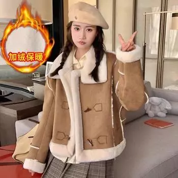 Короткое зимнее пальто из ягненка с локомотивным мехом 2024 года, искусственный мех, осень и зима, новое утолщенное пальто корейской версии S recommended weight 80-52.5 kg верблюд