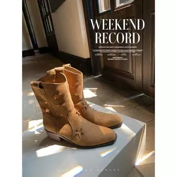 Коровья кожа~ Звездные ковбойские сапоги в западном стиле Женские кожаные сапоги с полым V-образным вырезом и толстым каблуком Полусапоги Мартин 35