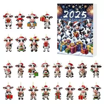 Коровий Адвент-календарь 2025 24 дня Календарь обратного отсчета до Рождества с 2D акриловыми подвесками с хайлендской коровой Милая корова Рождественская подвеска на елку E