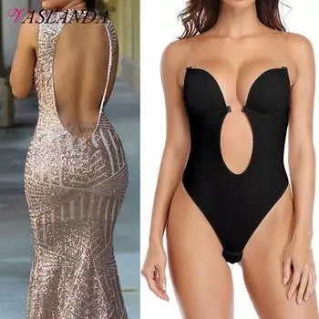 Корректирующее белье Боди Женщины Глубокий V-образным вырезом Body Shaper Мягкий бюстгальтер Backless U Plunge Thong Shaper Талия Trainer Push Up Party Underwear