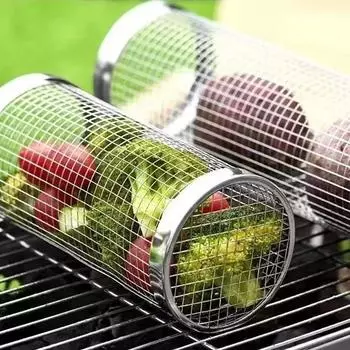 Корзина для барбекю из нержавеющей стали, вращающаяся корзина для гриля, проволочная сетка, цилиндрическая корзина для гриля, портативная круглая уличная стойка для барбекю