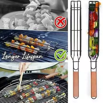Корзина для барбекю в форме стержня, железный и деревянный шампур, 45 см, корзина, уличная посуда для барбекю, портативная корзина для гриля Kabob, инструменты для барбекю
