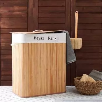 Корзина для белья Deco&Style из натурального бамбука, двухкамерная, бежевая