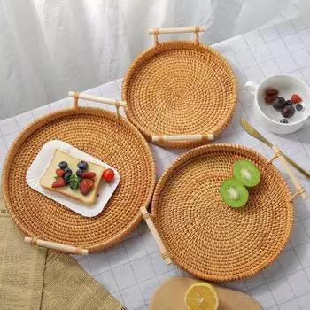 Корзина для фруктов, плетеный из лозы поднос для ушей, вместительные корзины Mantou с ручкой, корзина для хранения в гостиной, плетеный из бамбука поднос
