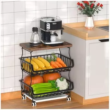 Корзина для фруктов с деревянной крышкой для кухни, 3-х уровневое проволочное хранилище для фруктов и овощей, контейнеры для хранения продуктов, стеллажная тележка для кладовой
