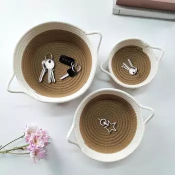 Корзина для хранения из плетеной хлопчатобумажной веревки с двойной ручкой. Легко носить с собой. Прочный экологически чистый универсальный органайзер. M света кофе