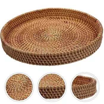 Корзина для хранения из ротанга, черный круглый поднос, многофункциональные тарелки для фруктов, аксессуары 28x28x3cm светло-коричневого