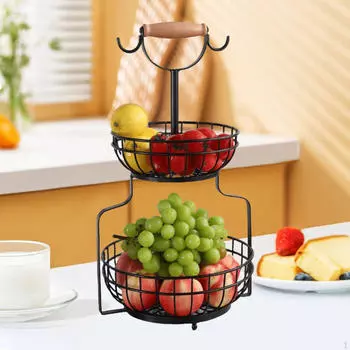 Корзина для хранения на кухне, проволочная подставка, 2 яруса, многоцелевая сервировочная стойка для хлеба и фруктов