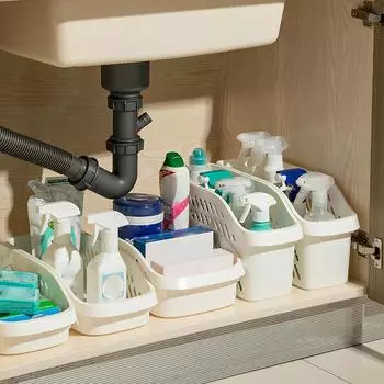 Корзина для хранения под раковиной из 4 предметов с ручкой и шкивом — идеально подходит для организации кухонных и ванных принадлежностей