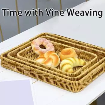 Корзина для хранения с ручкой Ручной плетеный искусственный ротанг Прямоугольной формы Полый дренаж Вечеринка Пикник Фруктовые закуски Поднос для сервировки хлеба Журнальный столик S