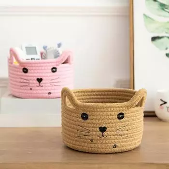 Корзина для хранения всякой всячины, тканая вручную, прочная, с кошачьими ушками, настольная коробка, домашний декор, офисное использование белый