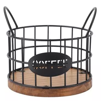 Корзина для кофейных капсул, круглая корзина для хранения из железной проволоки, большой емкости, держатель для кофейных капсул с деревянной ба