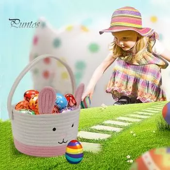 Корзина для пасхального кролика для детей, маленькая плетеная корзина из хлопковой веревки с ручкой и кроличьими ушками, пустая корзина для яиц в виде кролика для малышей и младенцев белый/розовый