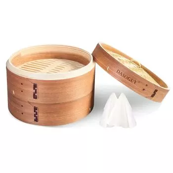Корзина для варки на пару Dasoguy Premium 24 см, деревянная, двухъярусная, для тушеного мяса, идеально подходит для приготовления японских блюд. В комплекте 2 хлопковых вкладыша. Пароварка, пельмени, сум,