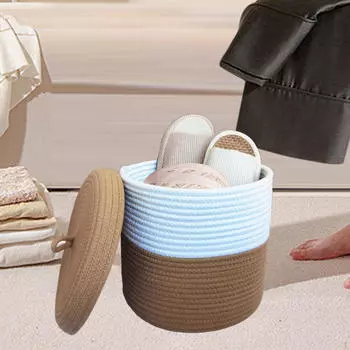 Корзина из плетеной веревки с крышкой, корзина для белья, 25x23 см, декоративный органайзер, круглое хранилище