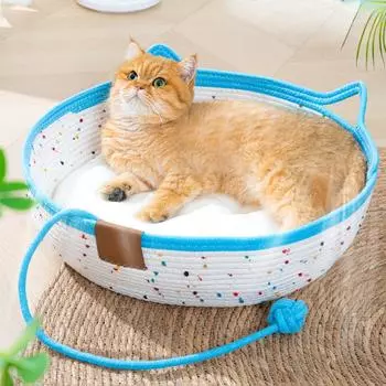 Кошачье гнездо на все сезоны, плетеное из лозы, кошачье гнездо, моющееся, летняя кошачья кровать с мультяшными ушками, ручка, аксессуары для домашних животных S