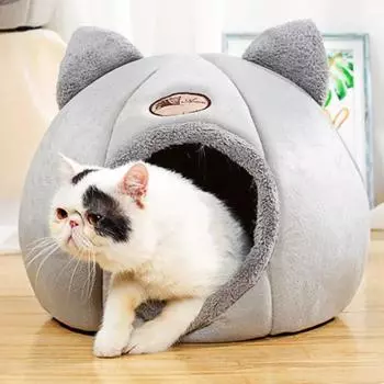 Кошачье гнездо, зимний полузакрытый теплый домик для собак, утолщенный круглый домик для домашних животных, дизайн кошачьих ушей для домашних животных, нескользящая кровать для кошек и собак M